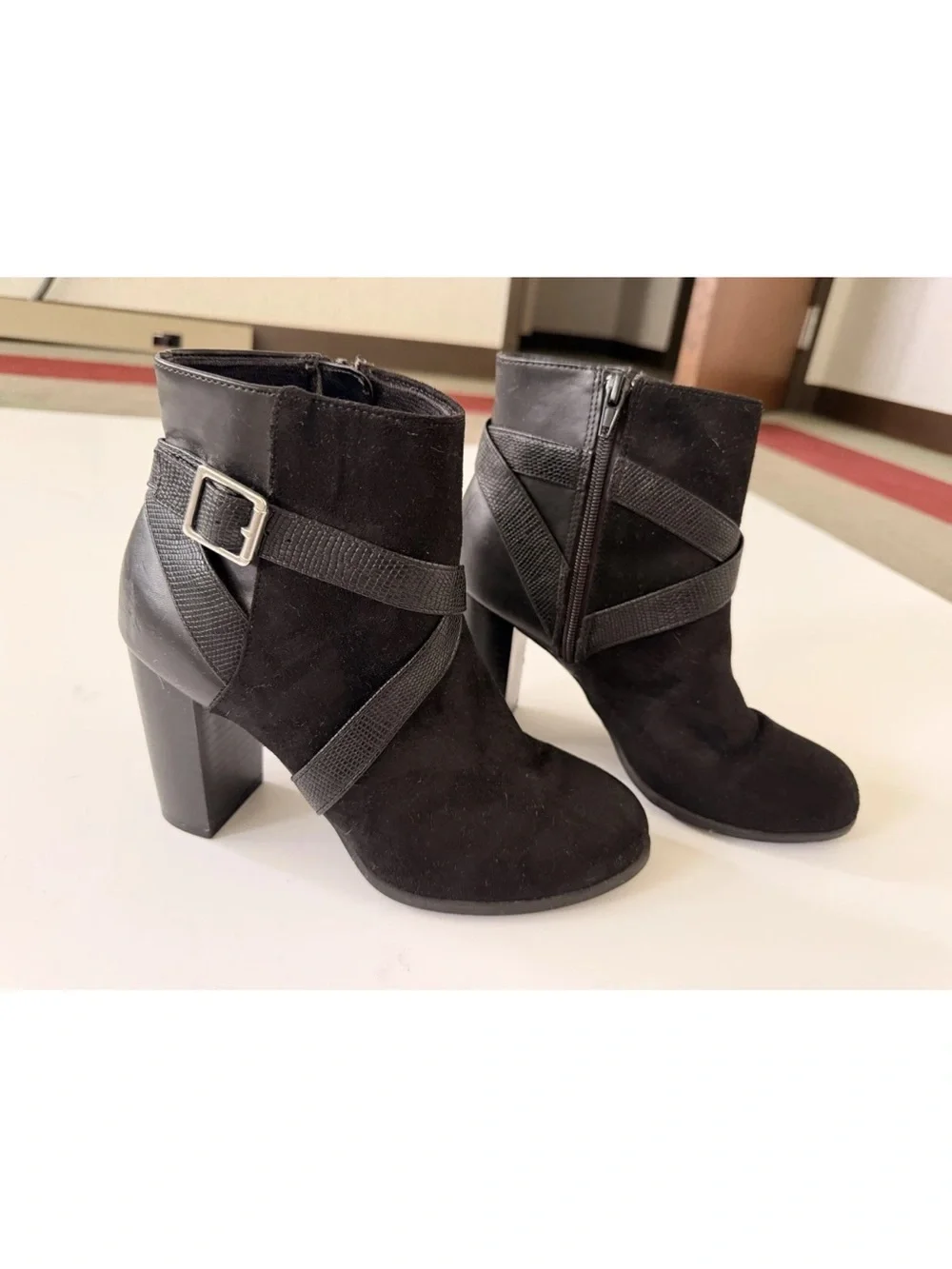 Christian Siriano Black Suede & Leather Ankle Bootie Snake-Textured Buckle 8